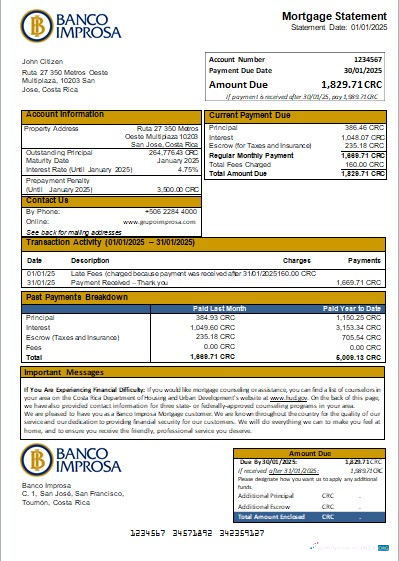 Download Costa Rica Banco Improsa bank mortgage statement scr Photoshop template
